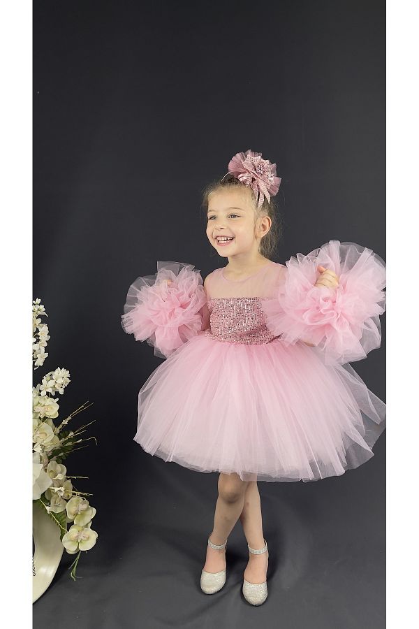 Sevimlice Kids Chiffon Robe Pompom Sleeve Sequined Girl s Fluffy Skirt Tutu Evening Dress Trendyol