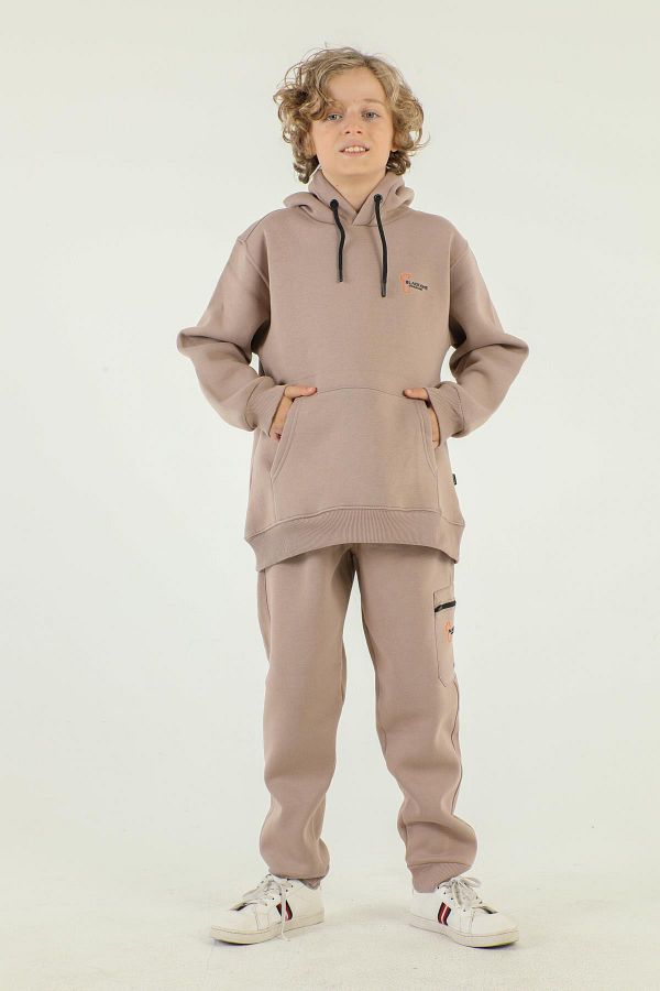 Black One Hooded Cargo Pocket Print Detailed Boy s Tracksuit Set Trendyol