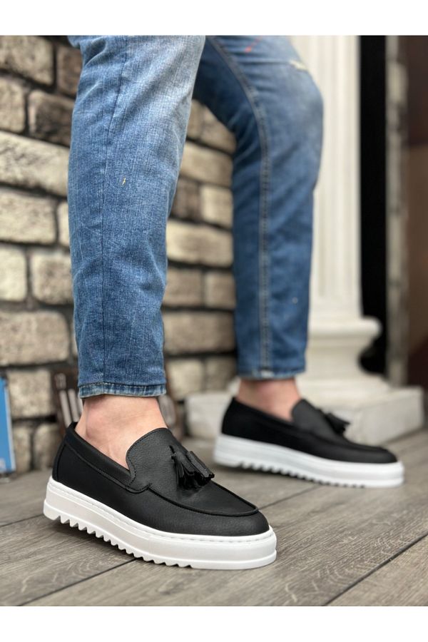 Lussen Black and White Leather Laceless Tasseled High Sole Men s Classic Shoes Trendyol