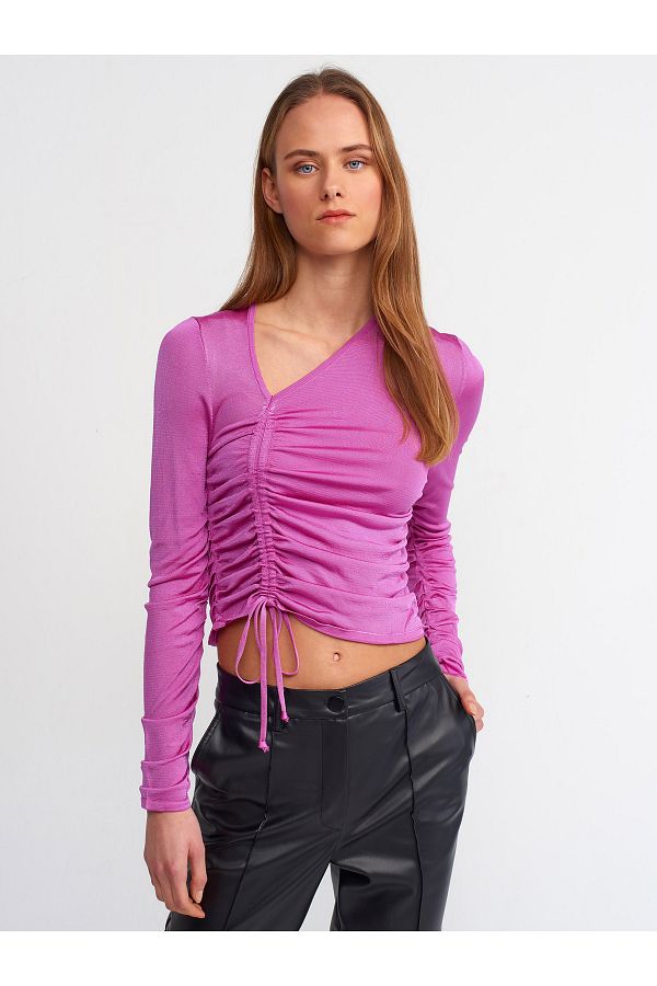 Dilvin-10364 Pullover mit seitlichem V-Ausschnitt vorne und Fuchsia 1