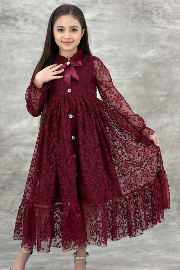 Riccotarz Girl s Buttoned Lace Embroidered Burgundy Dress Trendyol