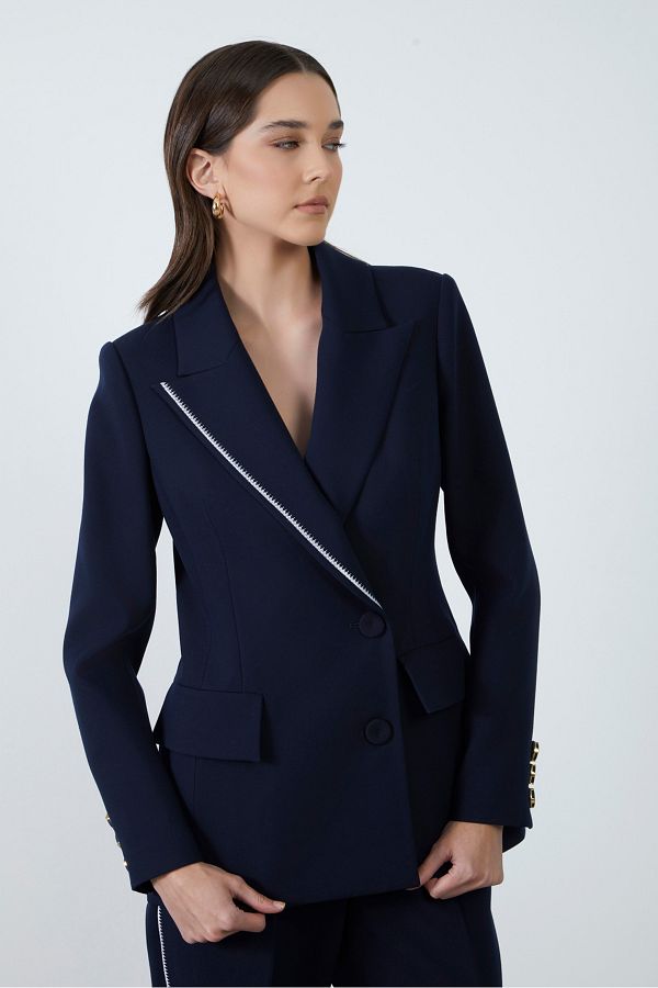 GİZİA-Neckline Embroidery Detailed Navy Blue Jacket 1