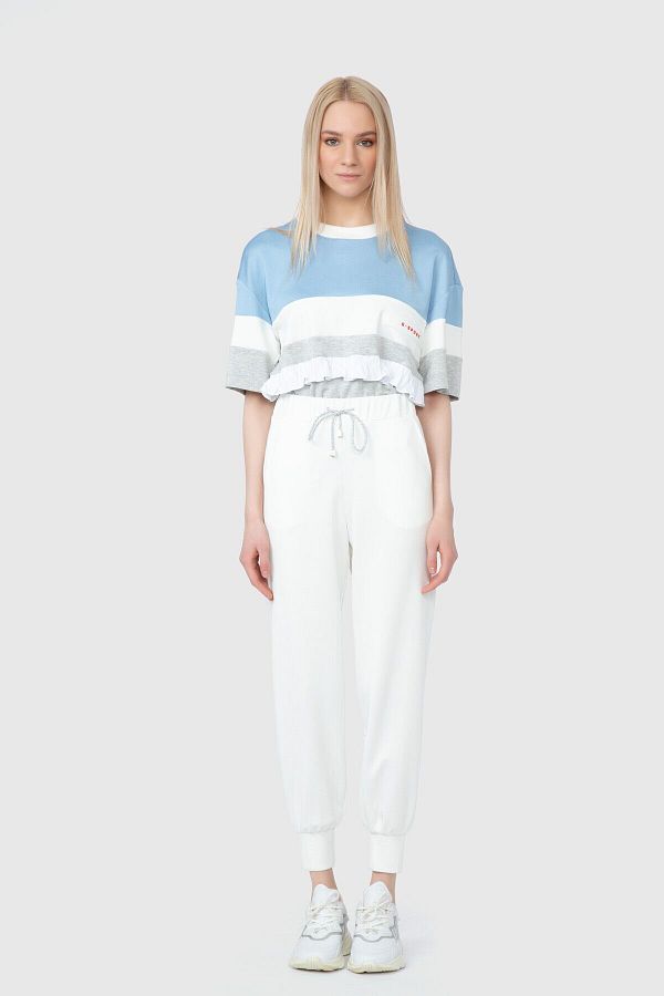 GIZIA SPORT-Contrast Detailed Ruffled Gray T-shirt 1