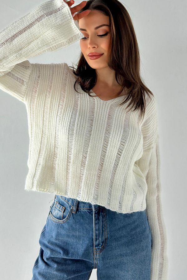 MODAGEN Women s White Ripped V Neck Sweater Trendyol