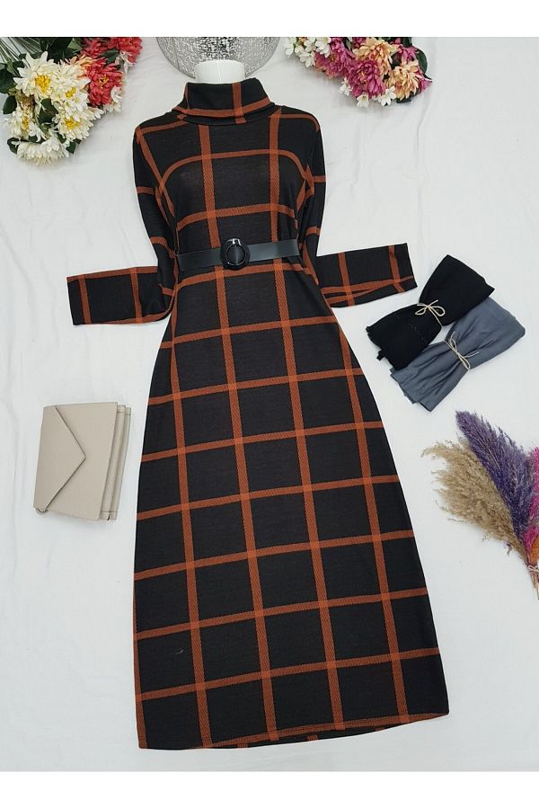 Modamorfo Long Plaid Dress Turtleneck Buckle and Belt Trendyol