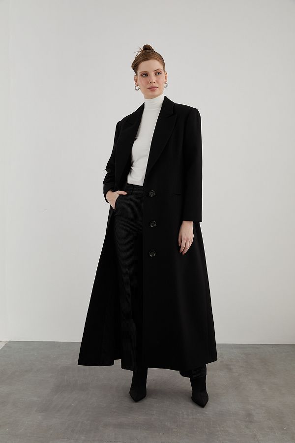 GIZIA Long Comfortable Cut Mono Closure Ankle Length Black Coat Trendyol