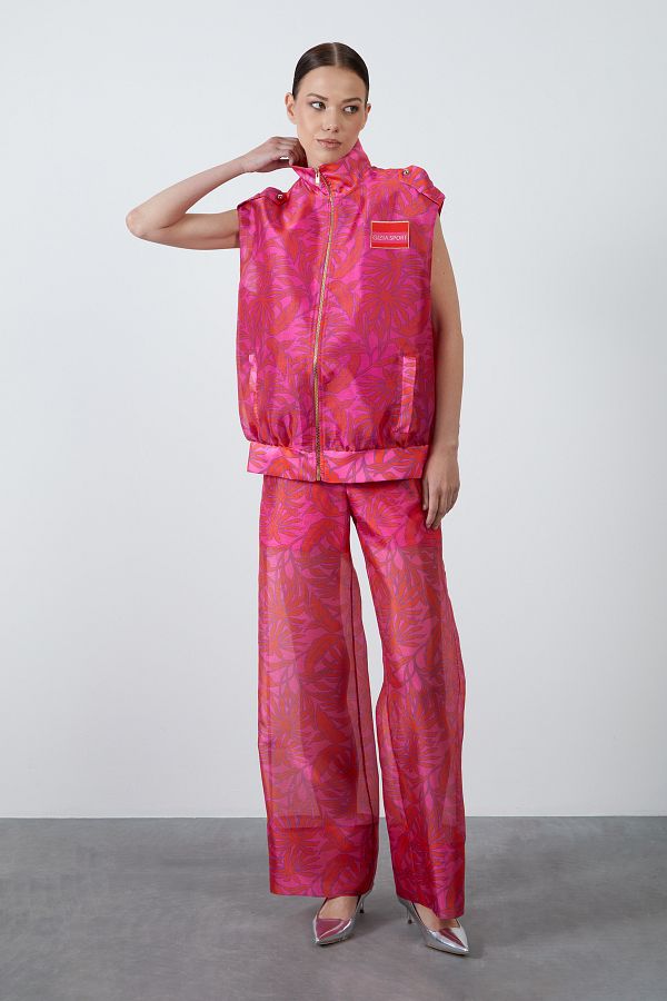 GIZIA SPORT-Etiquet Detailed Patterned Fuchsia Vest with Mesh Lining 1