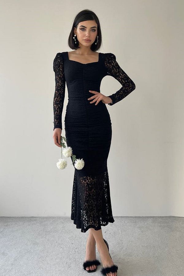lovebox-Damen Abendkleid 215, Spitze, vorne drapiert, Ärmel transparent, schwarzes Midikleid 1