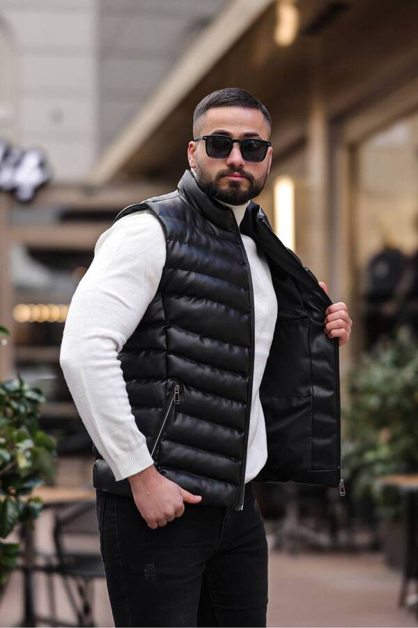 Black leather puffer vest Clearance