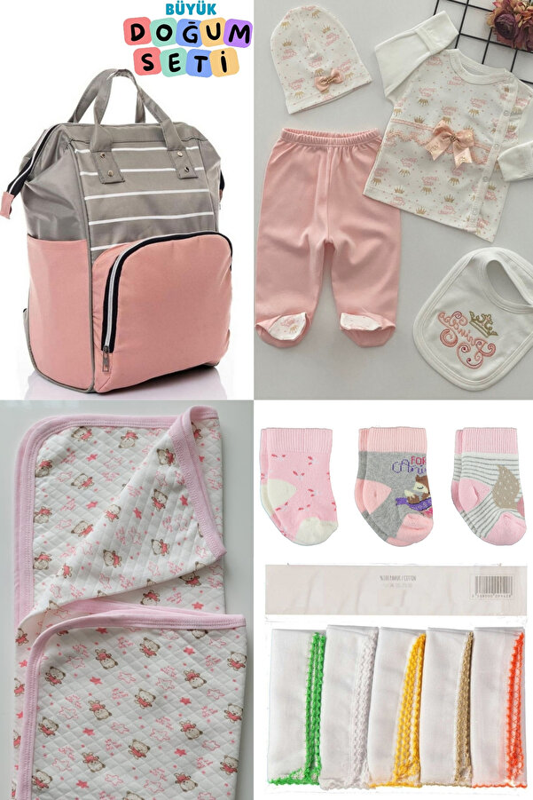 sahra bebek 5'Lİ BÜYÜK BEBEK DOĞUM SETİ(BEBEK BAKIM ÇANTASI,HASTANE ÇIKIŞI,BATTANİYE,10’LU MENDİL VE 3’LÜ ÇORAP)