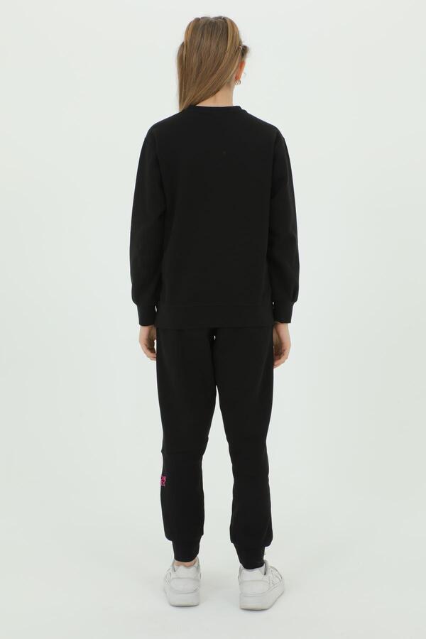 Black One Girl's Crew Neck Print Detailed Adjustable Rubber Waist