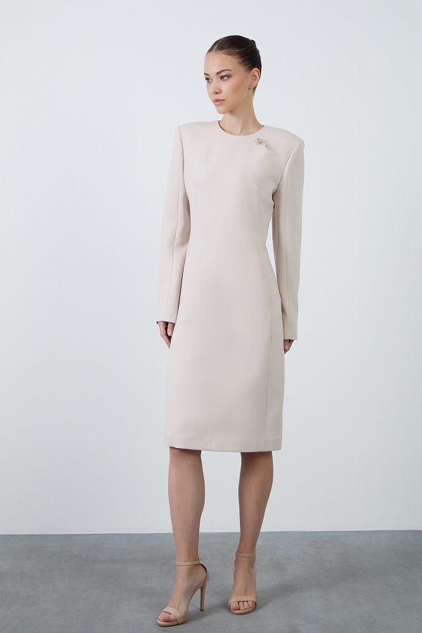 GIZIA Long Sleeve Midi Length Beige Pencil Dress with Pockets Trendyol