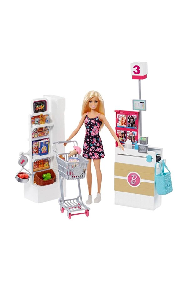 Barbie Süpermarkette Oyun Seti, Alışveriş Sepeti ve 25'ten Fazla Aksesuar Dahil FRP01