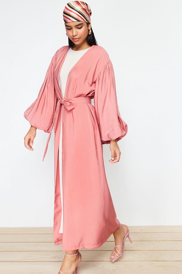 Trendyol Modest-Αποξηραμένο τριαντάφυλλο με μακρύ υφαντό καπάκι &amp; Ferace &amp; Abaya TCTSS24KF00001 1