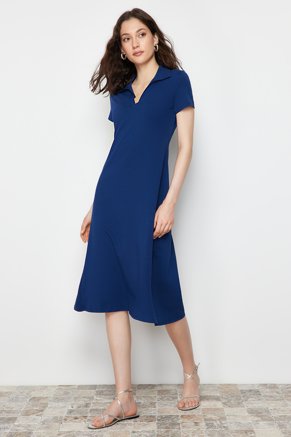 Trendyol Collection Navy Blue Polo Collar Skater/Waist-Leg Cotton Stretch Knit Midi Dress TWOSS24EL00480