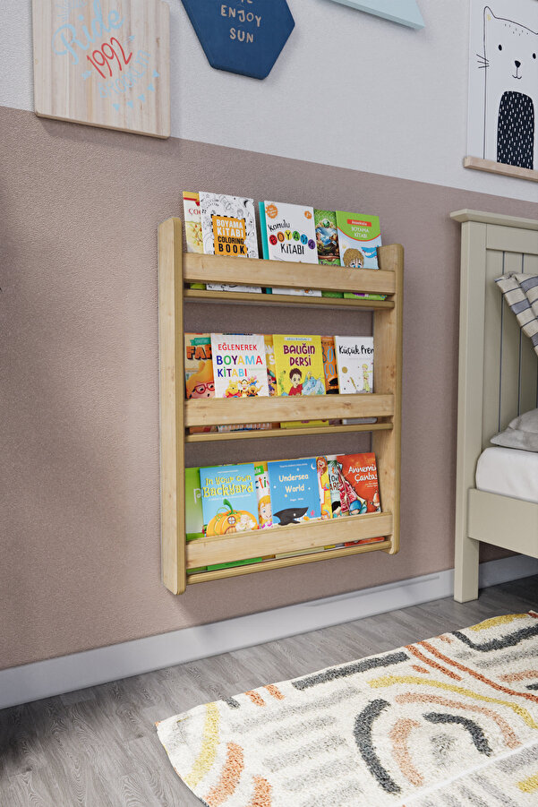 zeo wood design Montessori 3 Raflı Çocuk Kitaplığı 80x60 cm - Safir Meşe