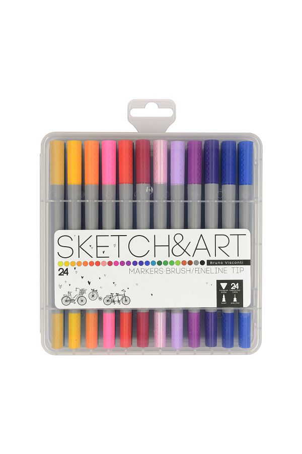 Bruno Visconti-SKETCH&ART Double Sided Brush Pen and Fineliner (Brush tip + Fine Tip) 24 Colors 1