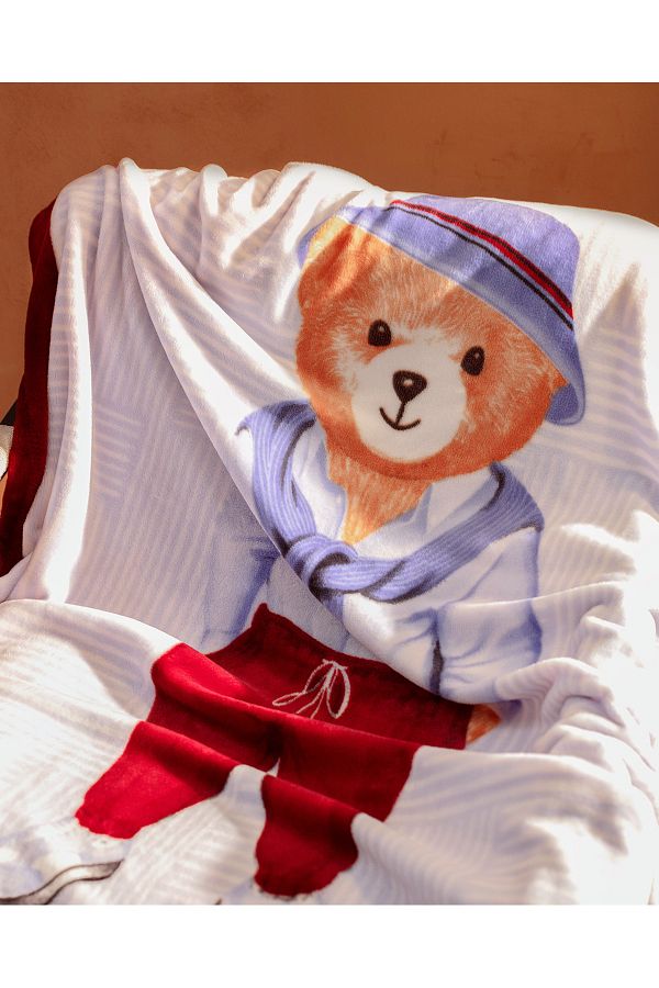 Madame Coco Hugo Bear Welsoft Fleece Printed Tv Blanket Blue Claret Red Trendyol