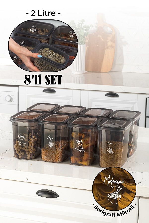 Vienev-Set of 8 with White Screen Printing Label Peggy Long Rectangular Storage Container with Transparent Lid 2 Liters 1