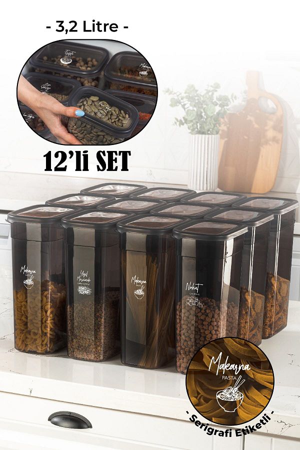 Vienev-Set of 12 with White Screen Printing Label Peggy Long Rectangular Storage Container with Transparent Lid 3.2 Liters 1