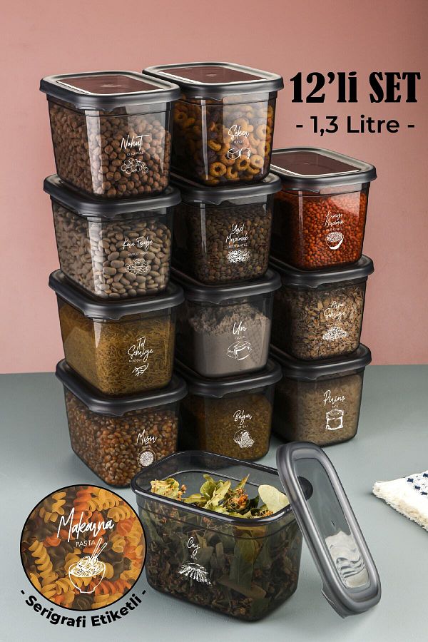 Vienev-Set of 12 with White Screen Printing Label Peggy Long Rectangular Storage Container with Transparent Lid 1.3 Liters 1