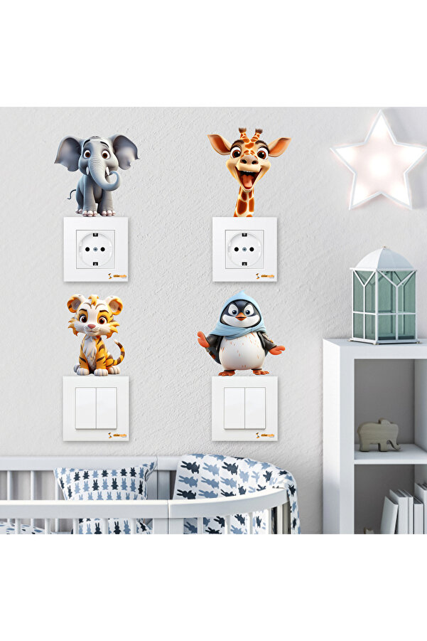 Sticker Sepetim Sevimli Fil, Sevimli Penguen, Sevimli Kaplan, Sevimli Zürafa 3D Priz Duvar Çocuk Odası Sticker Seti