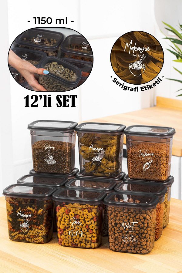 Vienev-Set of 12 Peggy Rectangular Storage Containers with White Screen Printing Label 1150 Ml Anthracite 1