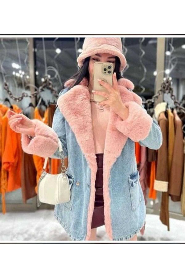 K smetin Buti i Women s Pink Coat Fur Jeans Jacket Fur Coat Makes a Difference New Season Trendyol