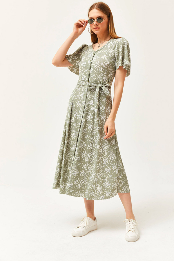 Olalook Women's Daisy Green V-Neck Belted Buttoned Knitted Dress ELB-19002048