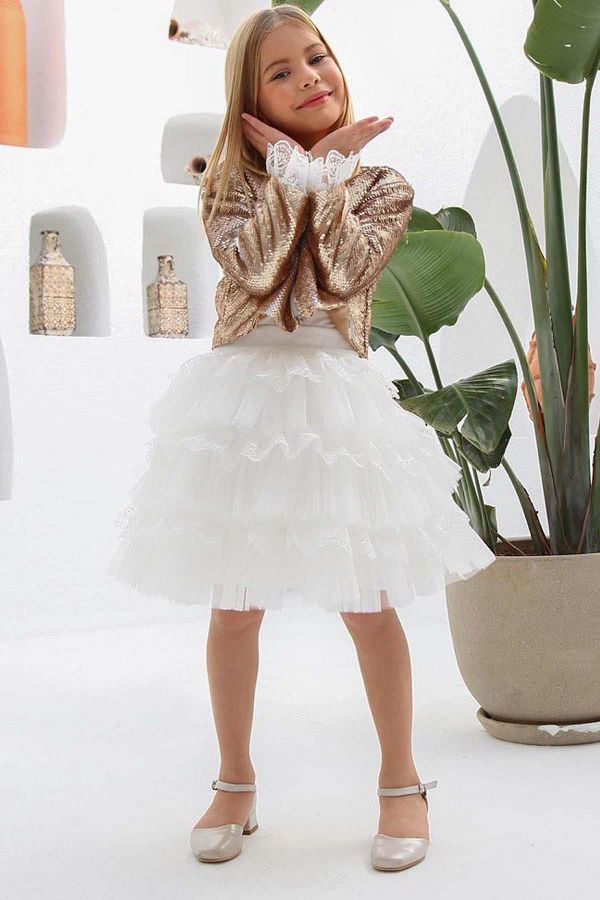Riccotarz Girl s Layered Tulle Skirt and Sequin Coated Brown Jacket Skirt Set Trendyol