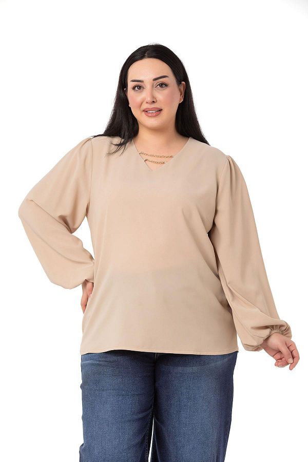 DISENTIS MODEST-Plus Size Beige Blouse with Chain Detail on Collar and Elastic Sleeves 1