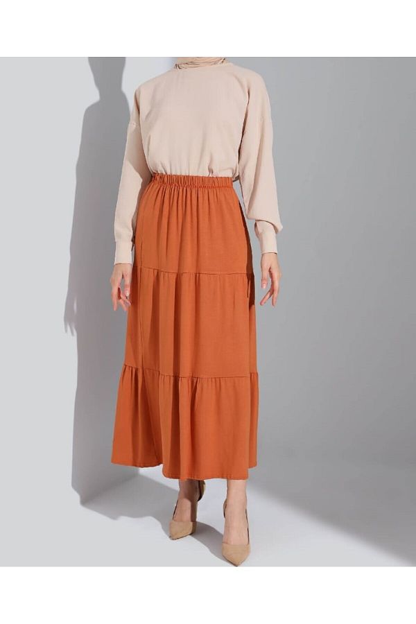 RESP RO Crepe Draped Long Soft Tan Color Layered Skirt Trendyol