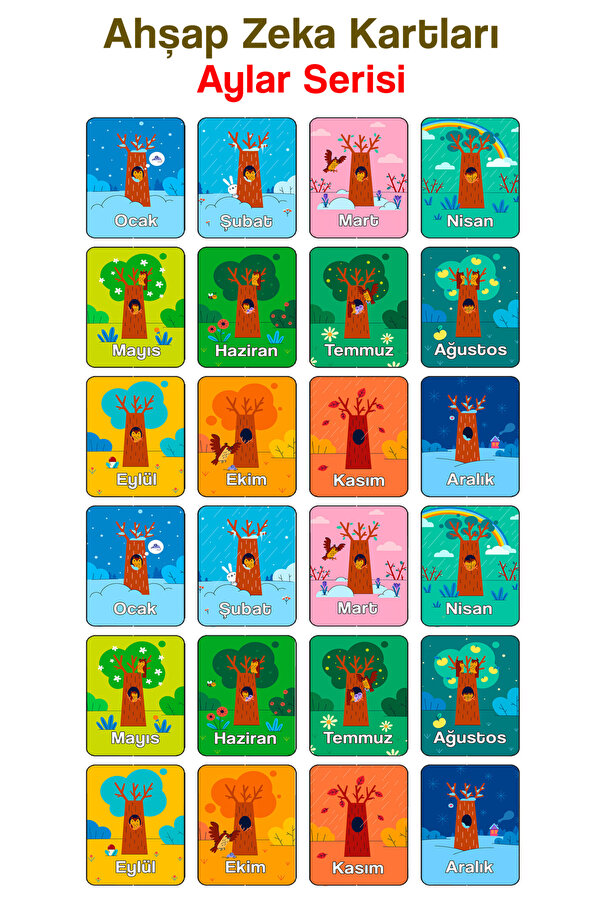 kutuTR 24 Parça Aylar Zeka Kartları Eşleştirme Oyunu Hafıza Kartı Ahşap Eğitici Puzzle Oyuncak