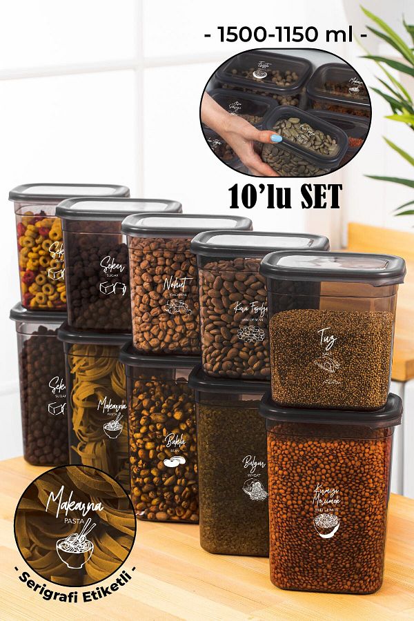 Vienev-Set of 10 Peggy Rectangular Storage Containers with White Screen Printing Label 5x(1500-1150 Ml) Anthracite 1