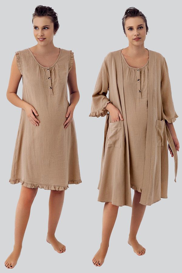 Artış-Double Layer Muslin Cotton Buttoned Maternity Dressing Gown Nightgown Set 1