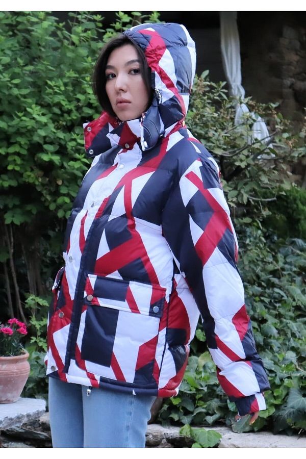Patterned puffer coat sales