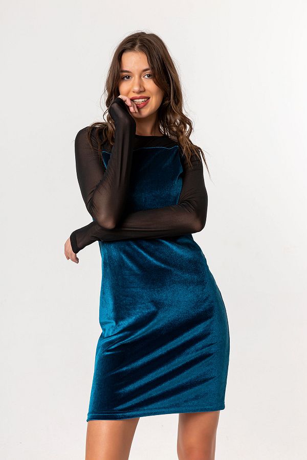 Laranor Turquoise Tulle Detailed Velvet Dress Trendyol