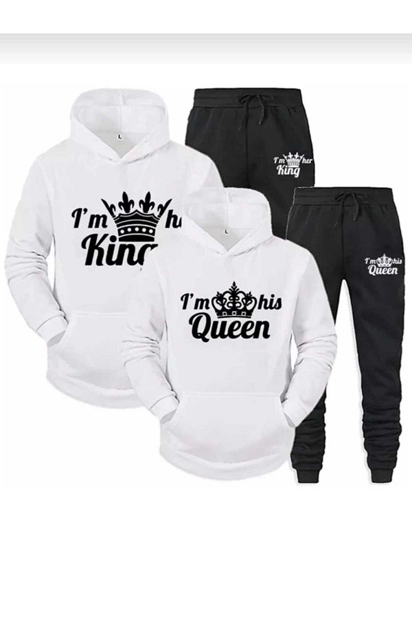 PERISENSE-Unisex Lover Couple Combination King Queen Σετ φόρμας με κουκούλα με στάμπα σετ 2 τεμαχίων 1