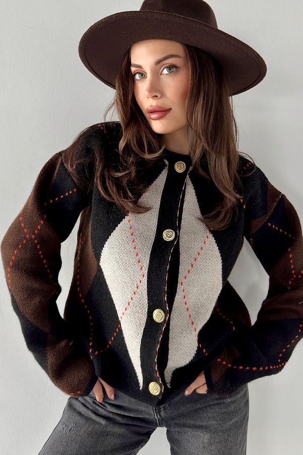 MODAGEN-Schwarz-braune Strickjacke mit Rautenmuster und goldenen Knöpfen 1