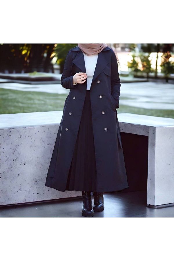 Modaytesettur Trench Coat Half Lining Long Length Belted Buttoned Trendyol
