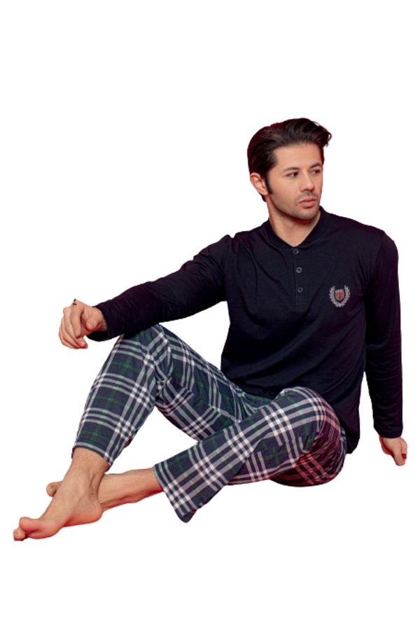 Manolya Men s Half Buttoned Navy Blue Plaid 100 Cotton Combed Single Jersey Fabric Long Sleeve Pajama Set Trendyol