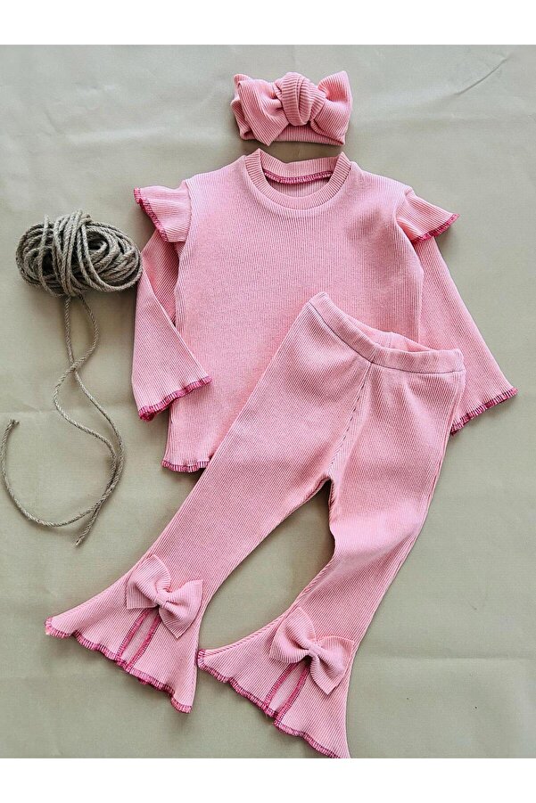 eymwes Kız Bebek Çocuk İspanyol Paça Fiyonk Detaylı Bandanalı Mevsimlik Fitilli Ribana Takım