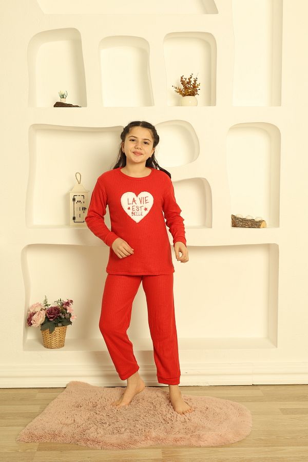 sleeproom Heart Children s Pajama Set Solid Color La Vie Est Belle Grey Trendyol