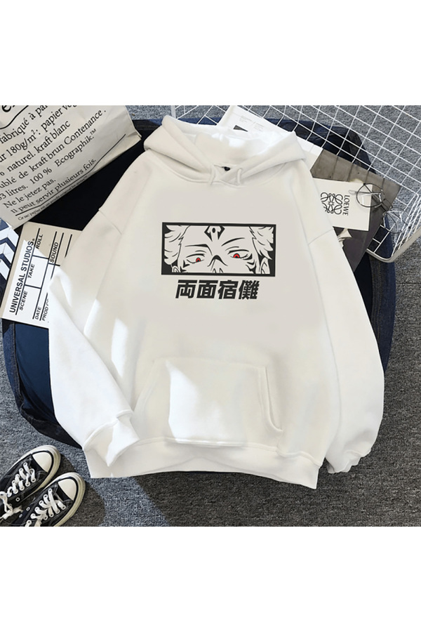 DWN WEAR-Φούτερ Jujutsu Kaisen Sukuna Eyes με λευκή κουκούλα 1