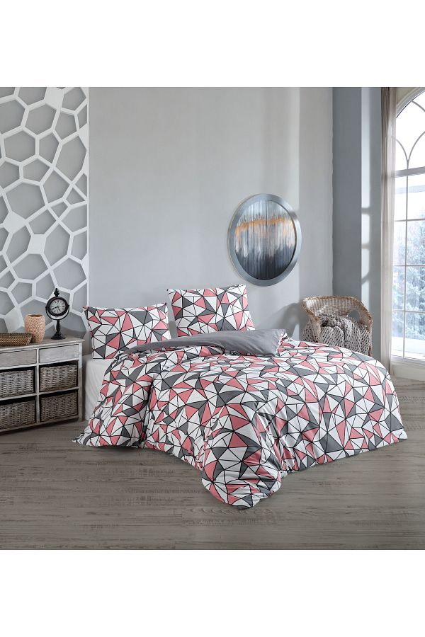 üntaş-UNTAŞ PINK TRIANGLE PATTERN DOUBLE PERSONALITY DOUBLE SIDED DUVET SET pinkpinkduftset 1