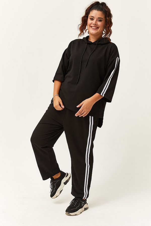 Ebsumu Women s Plus Size Double Striped Three Quarter Sleeve Black Tracksuit Set Trendyol