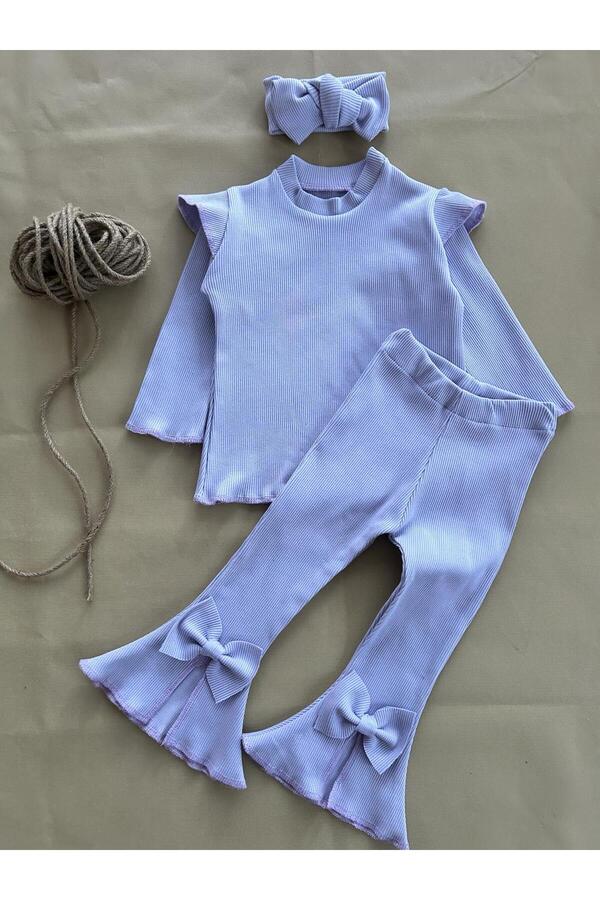 eymwes Kız Bebek Çocuk İspanyol Paça Fiyonk Detaylı Bandanalı Mevsimlik Fitilli Ribana Takım