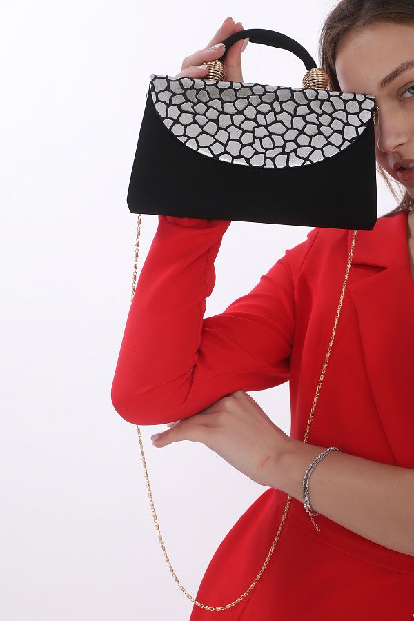 womenacs-Culoare neagră din piele intoarsa argintie cu model de sarpe rochie de seara portofoliu de mana si curea lunga (curea cu lant) 1