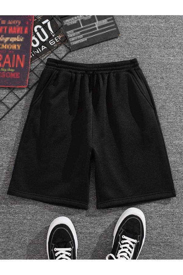 DUBU BUT K Solid Color Combed Cotton Shorts Black Unprinted Short Without Cord Trendyol