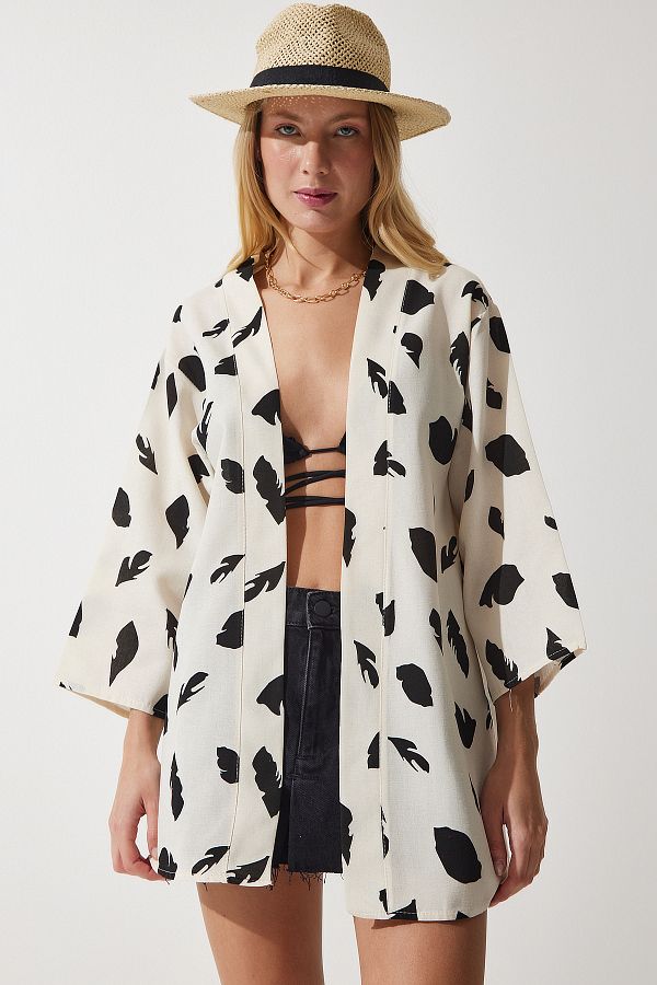 Happiness İstanbul-Γυναικείο λινό Viscose Kimono σε μπεζ μαύρο σχέδιο BH00381 1